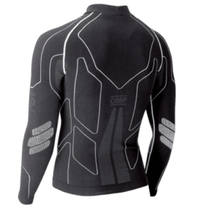 Grand Prix Racewear OMP KS Winter-R long sleeve kart top with black and white design and protective padding.