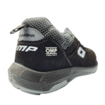 Close-up of a high-performance racing shoe from Grand Prix Racewear, featuring OMP and Meccanica branding, designed for motorsport drivers.