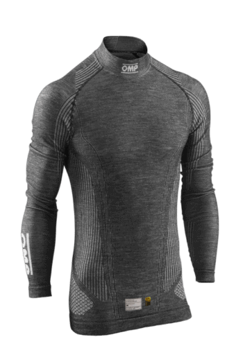 OMP Tecnica Evo Race Top in dark grey, designed for motorsport racing with breathable fabric and ergonomic fit.
