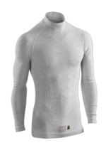 Close-up of a white Grand Prix Racewear racing undershirt with seamless design and moisture-wicking fabric for motorsport drivers.