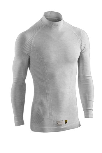 Close-up of a white Grand Prix Racewear racing undershirt with seamless design and moisture-wicking fabric for motorsport drivers.