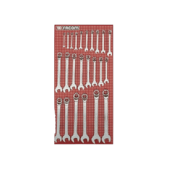 Set of Facom combination wrenches displayed on red packaging, ideal for professional mechanics and automotive repair.