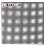 Facom branded pegboard with tools and equipment for Grand Prix racewear display, black and white with red logo.