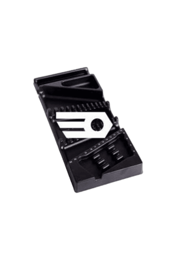 Facom plastic tray containing a medium socket level, screwdriver bits, and a small wrench for precision tasks.