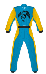 Grand Prix Racewear racing suit in blue and yellow with a dragon logo on the back, designed for motorsport enthusiasts and professional racers.