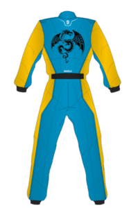 Grand Prix Racewear racing suit in blue and yellow with a dragon logo on the back, designed for motorsport enthusiasts and professional racers.