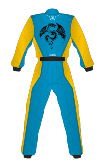 Grand Prix Racewear racing suit in blue and yellow with a dragon logo on the back, designed for motorsport enthusiasts and professional racers.