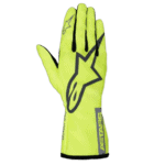 Bright yellow Alpinestars Tech-1 K Race V2 Junior kart glove with black star logo and branding details.