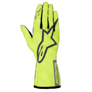 Bright yellow Alpinestars Tech-1 K Race V2 Junior kart glove with black star logo and branding details.