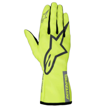 Bright yellow Alpinestars Tech-1 K Race V2 Junior kart glove with black star logo and branding details.