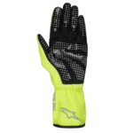 High-visibility racing glove with black and neon yellow design, featuring grip dots for enhanced control, suitable for motorsport safety gear.