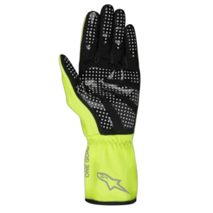 High-visibility racing glove with black and neon yellow design, featuring grip dots for enhanced control, suitable for motorsport safety gear.