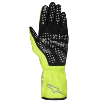 High-visibility racing glove with black and neon yellow design, featuring grip dots for enhanced control, suitable for motorsport safety gear.