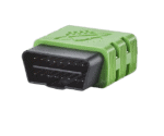 Close-up of a green and black OBD2 diagnostic scanner connector for race car telemetry and performance monitoring.