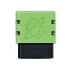 Green electronic device with a black bottom, featuring a logo of a racing circuit and a satellite dish.