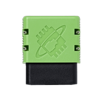 Green electronic device with a black bottom, featuring a logo of a racing circuit and a satellite dish.