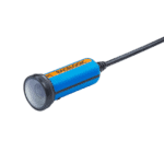 Racelogic automotive sensor with blue and orange casing and attached black cable for vehicle data analysis.