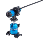 Racelogic VBOX Video GPS data logger with camera mounted on a blue stand for motorsport analysis.