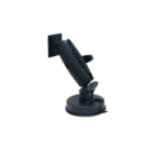 Black mobile phone holder with adjustable arm and suction cup base for car dashboard or windshield.