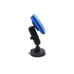 Blue and black racing helmet mounted on a black stand, designed for motorsport safety and performance.