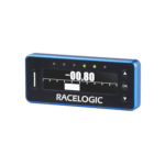 Racelogic lap timer device with digital display showing 0.80 seconds, used for motorsport timing and data analysis.