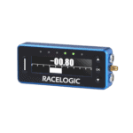 Racelogic lap timer device with digital display showing 0.80 seconds, used for motorsport timing and data analysis.