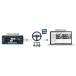 RaceLogic data logger connected to steering wheel and laptop for motorsport telemetry analysis.