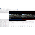 Simulated racing car dashboard with telemetry data and split-screen view of the track, used for performance analysis and driver training.