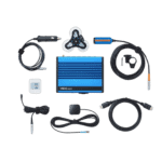 Racing communication system components including headset, control unit, and cables for motorsport safety and coordination.