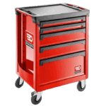 Facom red roller cabinet with five drawers and caster wheels for workshop storage.
