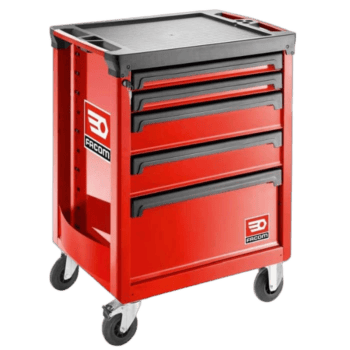 Facom red roller cabinet with five drawers and caster wheels for workshop storage.