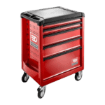 Facom red 5-drawer roller cabinet with black handles and caster wheels, ideal for workshop storage.