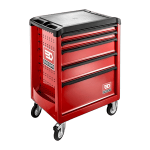 Facom red 5-drawer roller cabinet with black handles and caster wheels, ideal for workshop storage.