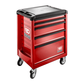 Facom red 5-drawer roller cabinet with black handles and caster wheels, ideal for workshop storage.