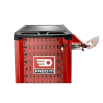 Red FACOM tool storage cabinet with a hand opening a drawer, used for professional workshop organisation.