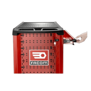 Red FACOM tool storage cabinet with a hand opening a drawer, used for professional workshop organisation.