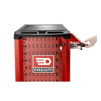 Red FACOM tool storage cabinet with a hand opening a drawer, used for professional workshop organisation.
