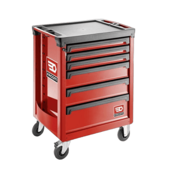 Facom red roller cabinet with six drawers and caster wheels, ideal for workshop storage and organisation.