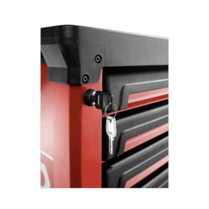 Close-up of a red and black Grand Prix Racewear tool chest with a lock and key, showcasing durable construction for motorsport equipment storage.