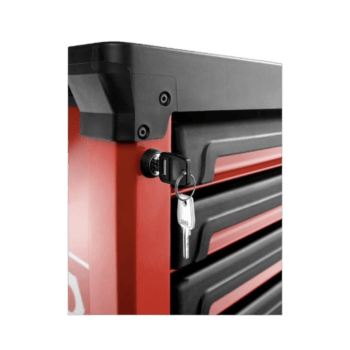 Close-up of a red and black Grand Prix Racewear tool chest with a lock and key, showcasing durable construction for motorsport equipment storage.