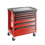 Red Facom roller cabinet with six drawers and caster wheels, ideal for workshop storage and organisation.
