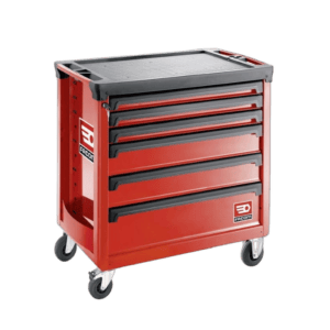 Red Facom roller cabinet with six drawers and caster wheels, ideal for workshop storage and organisation.
