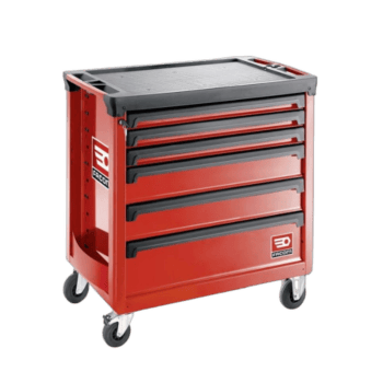 Red Facom roller cabinet with six drawers and caster wheels, ideal for workshop storage and organisation.