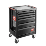 Facom roller cabinet with 6 drawers in black, featuring red and white branding, on caster wheels for mobility.