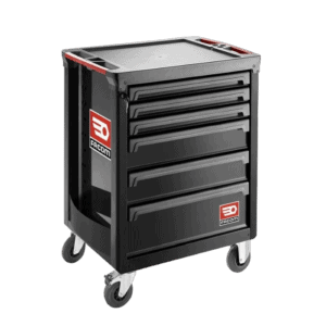 Facom roller cabinet with 6 drawers in black, featuring red and white branding, on caster wheels for mobility.