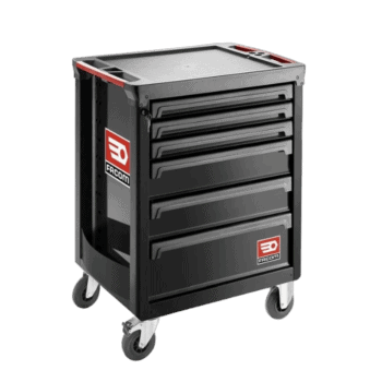 Facom roller cabinet with 6 drawers in black, featuring red and white branding, on caster wheels for mobility.