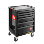 Facom Roll Safety Cabinet with 6 black drawers and caster wheels for industrial storage.