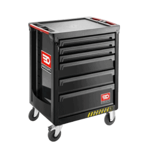 Facom Roll Safety Cabinet with 6 black drawers and caster wheels for industrial storage.