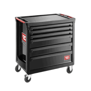 Facom black rolling tool chest with six drawers and caster wheels for easy mobility.