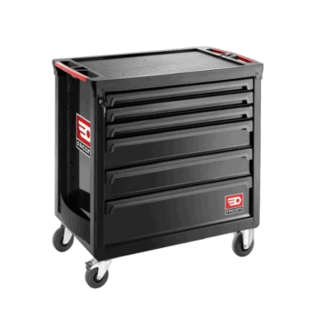 Facom black rolling tool chest with six drawers and caster wheels for easy mobility.